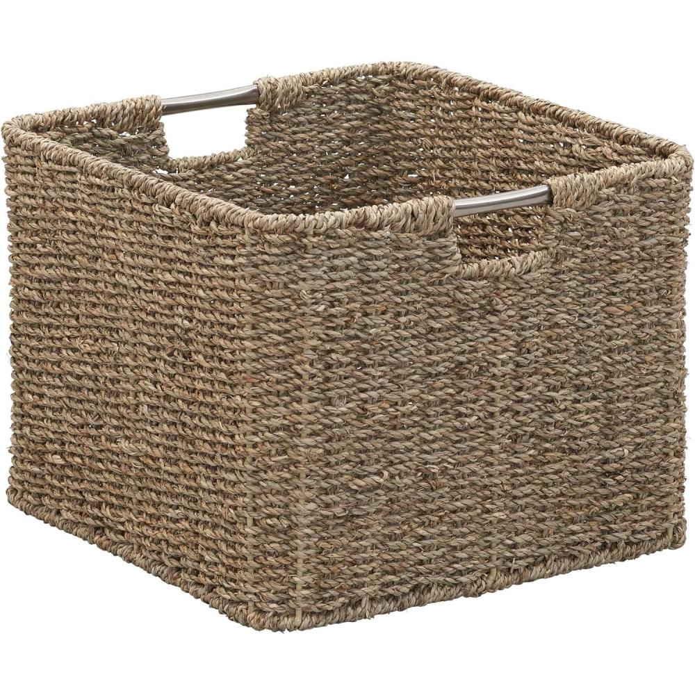 image:imageHousehold Essentials Square Woven Basket Paper Rope Cube with Stainless Steel Handles GreyNatural Seagrass