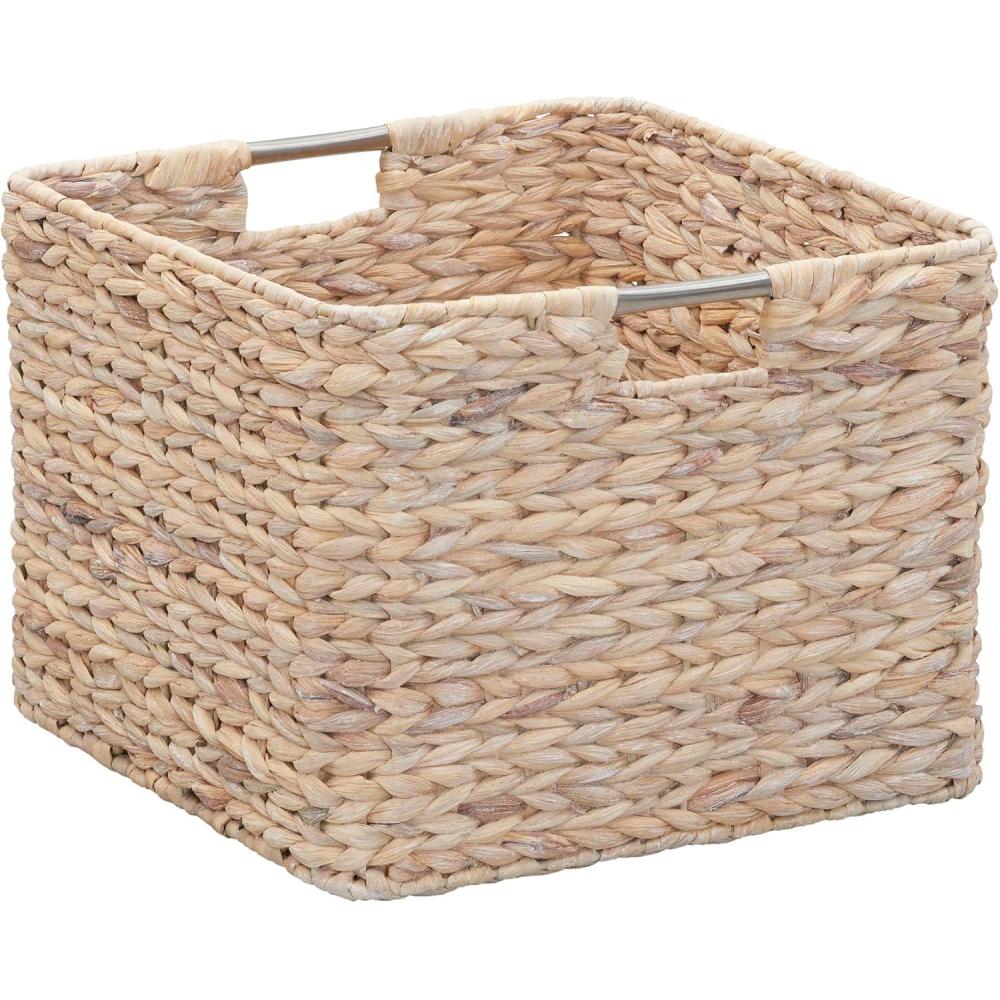 image:imageHousehold Essentials Square Woven Basket Paper Rope Cube with Stainless Steel Handles GreyWhite Hyacinth