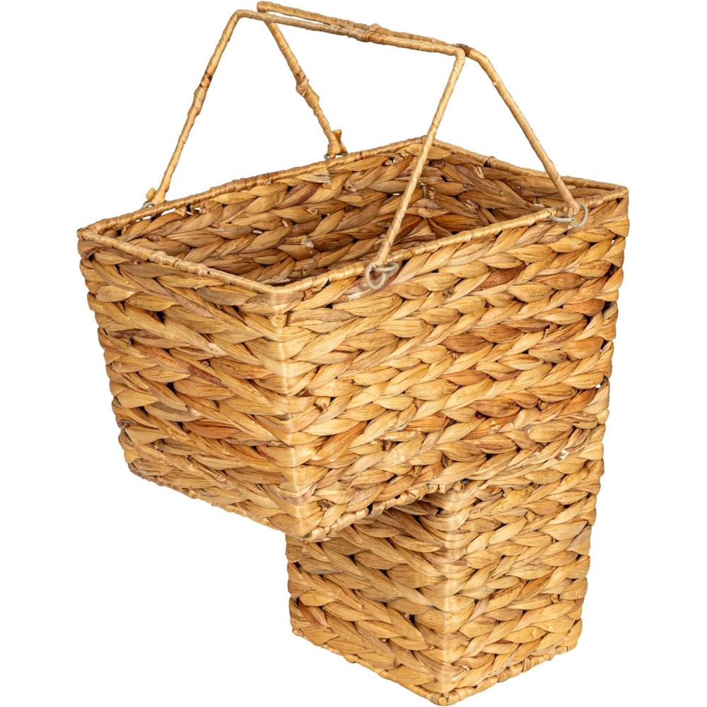 image:imageHousehold Essentials Wicker Stair Basket with Handles Handwoven Water Hyacinth Sits on Two Stairs Lightweight and Coated for Moisture Protection EcoFriendlyWater Hyacinth