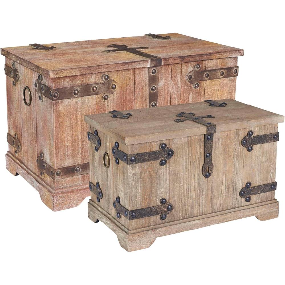 image:imageHousehold Essentials Wooden Storage Trunk Set Large and Small Domed Chest Weathered Wood with Paint Finish Hinged Lid with Metal AccentsVictorian