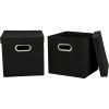 Household Essentials Collapsible Cotton Blend Cube Storage Box with Lid and Metal Grommet Handle, Set of 2, Denim(Black)