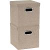 Household Essentials Collapsible Cotton Blend Cube Storage Box with Lid and Metal Grommet Handle, Set of 2, Denim(Brown)