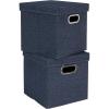 Household Essentials Collapsible Cotton Blend Cube Storage Box with Lid and Metal Grommet Handle, Set of 2, Denim(Denim)