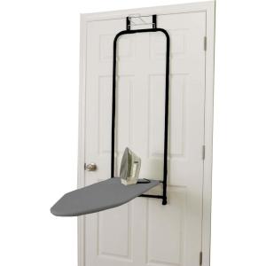 Household Essentials 144222 Over The Door Small Ironing Board with Iron Holder, Natural Cotton Cover Silver(Black)