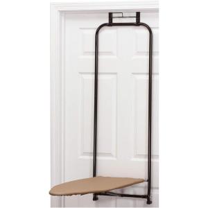 Household Essentials 144222 Over The Door Small Ironing Board with Iron Holder, Natural Cotton Cover Silver(Bronze)