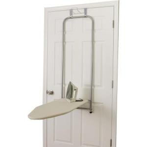 Household Essentials 144222 Over The Door Small Ironing Board with Iron Holder, Natural Cotton Cover Silver(Silver)