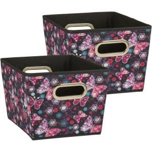 Household Essentials 19KDBLK-1 Medium Tapered Decorative Storage Bins | 2 Pack Set Cubby Baskets | Black and White Mini-Dots(Butterfly)