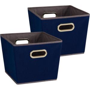 Household Essentials 19KDBLK-1 Medium Tapered Decorative Storage Bins | 2 Pack Set Cubby Baskets | Black and White Mini-Dots(Navy Blue)