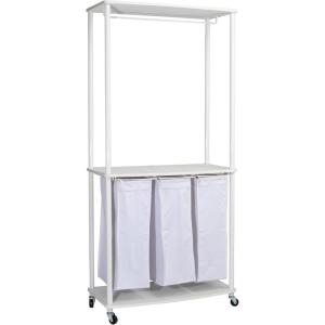 Household Essentials 3-Bag Laundry Sorter, Smooth Laminate Shelving, Sturdy Steel Frame, Wheeling and Stationary Feet Options, Washable Linen Laundry Bags, 3-Load Capacity, Versatile, Black(White)