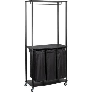 Household Essentials 3-Bag Laundry Sorter, Smooth Laminate Shelving, Sturdy Steel Frame, Wheeling and Stationary Feet Options, Washable Linen Laundry Bags, 3-Load Capacity, Versatile, Black(Black)