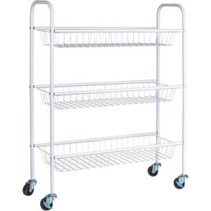 Household Essentials 3-Tier Slim Storage Cart, Heavy-Duty Steel Frame, Smooth Casters with Locks, Powder Coat Finish, Arched Handles, Easy to Assemble, Modern, Compact, Black(White)