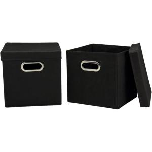 Household Essentials Collapsible Cotton Blend Cube Storage Box with Lid and Metal Grommet Handle, Set of 2, Denim(Black)