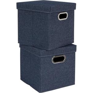 Household Essentials Collapsible Cotton Blend Cube Storage Box with Lid and Metal Grommet Handle, Set of 2, Denim(Denim)