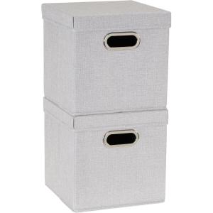 Household Essentials Collapsible Cotton Blend Cube Storage Box with Lid and Metal Grommet Handle, Set of 2, Denim(Grey)
