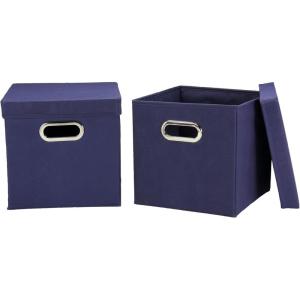Household Essentials Collapsible Cotton Blend Cube Storage Box with Lid and Metal Grommet Handle, Set of 2, Denim(Navy)