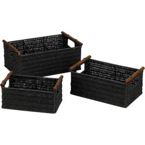 Household Essentials Decorative Woven Baskets, Set of 3, Paper Rope with Wood Handles, Sturdy Metal Frame, Small, Medium and Large, Grey(Black)