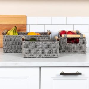 Household Essentials Decorative Woven Baskets, Set of 3, Paper Rope with Wood Handles, Sturdy Metal Frame, Small, Medium and Large, Grey(Grey)
