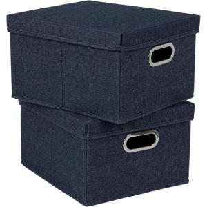 Household Essentials Fabric Storage Boxes with Lids and Handles, Blue(Denim)