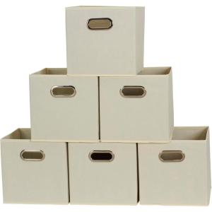 Household Essentials Foldable Fabric Storage Cubes 6-Pack – 11x11x11 Stackable Non-Woven Bins with Chipboard Sides & Grommet Handles – Closet, Shelf, Nursery, or Office Organizer – Burgundy(Cream)