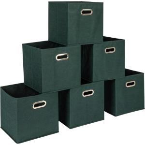 Household Essentials Foldable Fabric Storage Cubes 6-Pack – 11x11x11 Stackable Non-Woven Bins with Chipboard Sides & Grommet Handles – Closet, Shelf, Nursery, or Office Organizer – Burgundy(Dark Green)