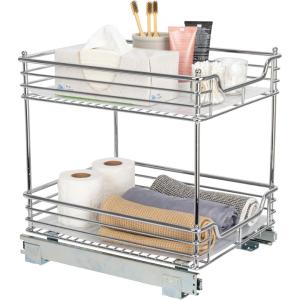 Household Essentials Glidez Multipurpose Chrome-Plated Steel Pull-Out/Slide-Out Storage Organizer for Cookware and Bakeware – Fits Standard Size Cabinet or Shelf, Chrome(2-Tier)