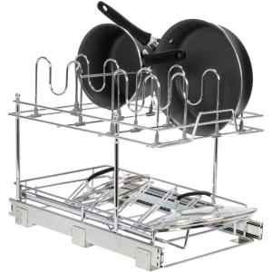 Household Essentials Glidez Multipurpose Chrome-Plated Steel Pull-Out/Slide-Out Storage Organizer for Cookware and Bakeware – Fits Standard Size Cabinet or Shelf, Chrome(Lid Organizer)