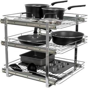 Household Essentials Glidez Multipurpose Chrome-Plated Steel Pull-Out/Slide-Out Storage Organizer for Cookware and Bakeware – Fits Standard Size Cabinet or Shelf, Chrome(Triple Slide)
