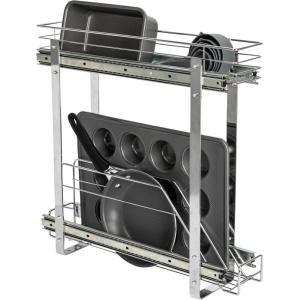 Household Essentials Glidez Multipurpose Chrome-Plated Steel Pull-Out/Slide-Out Storage Organizer for Cookware and Bakeware – Fits Standard Size Cabinet or Shelf, Chrome(Dual Slide)