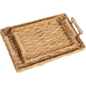 Household Essentials Handwoven Seagrass Rectangular Tray Set with Wood Handles, Natural, Set of 2(Natural Water Hyacinth)