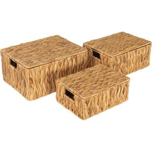 Household Essentials Rectangular Water Hyacinth Nesting Basket Set with Lid, Natural, Set of 3