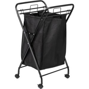 Household Essentials Rolling Laundry Hamper, Heavy Duty Canvas Bag, 2 Load Capacity, Foldable Frame, White Bag with Velcro Fasteners, White(Black/Black)