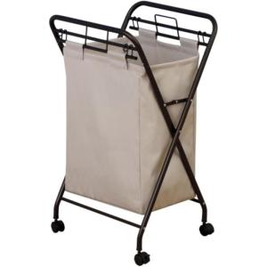 Household Essentials Rolling Laundry Hamper, Heavy Duty Canvas Bag, 2 Load Capacity, Foldable Frame, White Bag with Velcro Fasteners, White(Natural/Bronze)