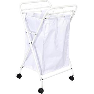 Household Essentials Rolling Laundry Hamper, Heavy Duty Canvas Bag, 2 Load Capacity, Foldable Frame, White Bag with Velcro Fasteners, White(White/White)