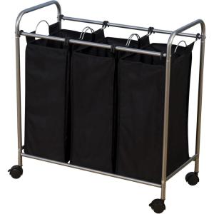 Household Essentials Rolling Triple Laundry Sorter, White(Black/Silver)