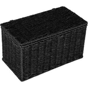 Household Essentials Small Handwoven Paper Rope Wicker Basket with Lid, Black(Black)