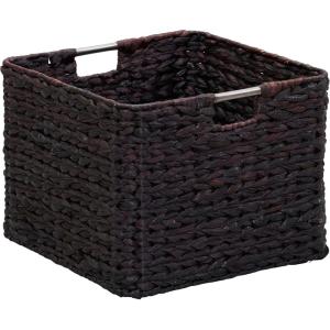 Household Essentials Square Woven Basket, Paper Rope Cube with Stainless Steel Handles, Grey(Brown Hyacinth)