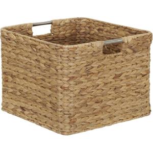 Household Essentials Square Woven Basket, Paper Rope Cube with Stainless Steel Handles, Grey(Natural Hyacinth)