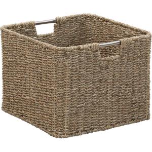 Household Essentials Square Woven Basket, Paper Rope Cube with Stainless Steel Handles, Grey(Natural Seagrass)