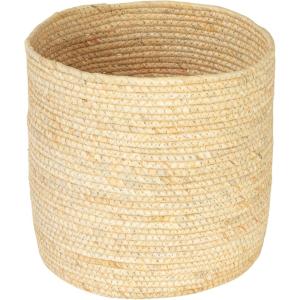 Household Essentials Wicker Waste Basket, Woven Leaf Basket with Wire Frame, Trash Bin or Storage Basket for Bedroom, Bathroom, Office and More(Natural Corn Leaf)
