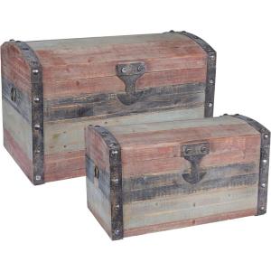 Household Essentials Wooden Storage Trunk Set, Large and Small Domed Chest, Weathered Wood with Paint Finish, Hinged Lid with Metal Accents(Dome)