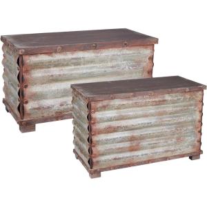 Household Essentials Wooden Storage Trunk Set, Large and Small Domed Chest, Weathered Wood with Paint Finish, Hinged Lid with Metal Accents(Grooved)