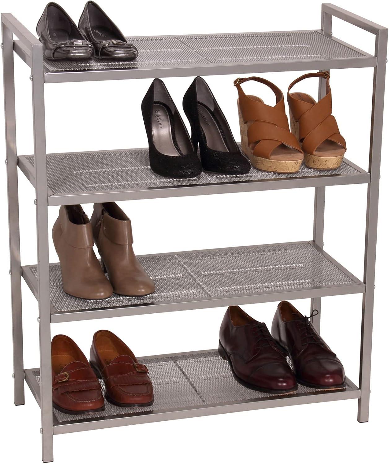 image:imageHousehold Essentials 4Tier Metal Shoe Rack Stretched Metal Shelving with Center Supports Durable Frame with Handles 12 Pair Capacity Lightweight Easy to Assemble NickelSilver