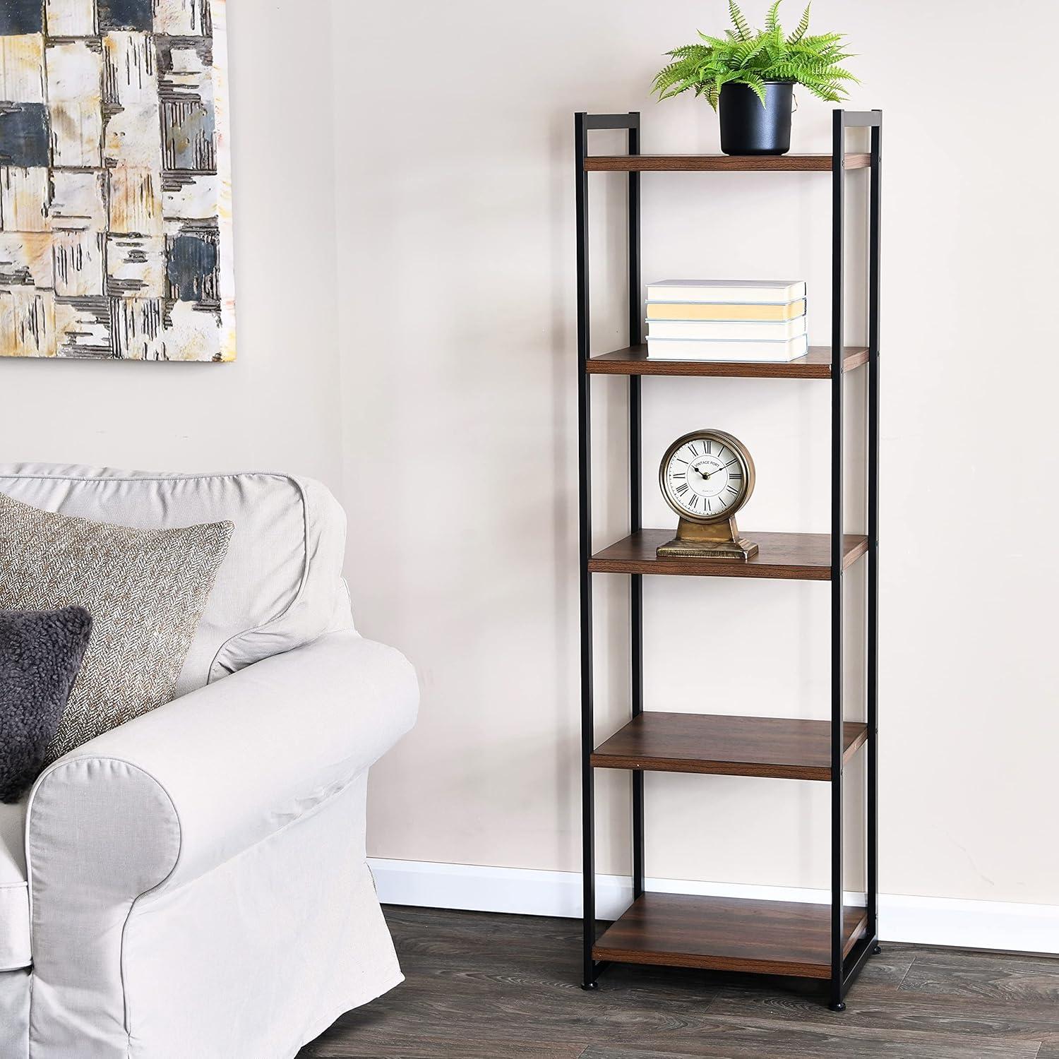 image:imageHousehold Essentials 5 Tier Storage Tower Metal Grey Shelf Black Frame AshwoodWalnut