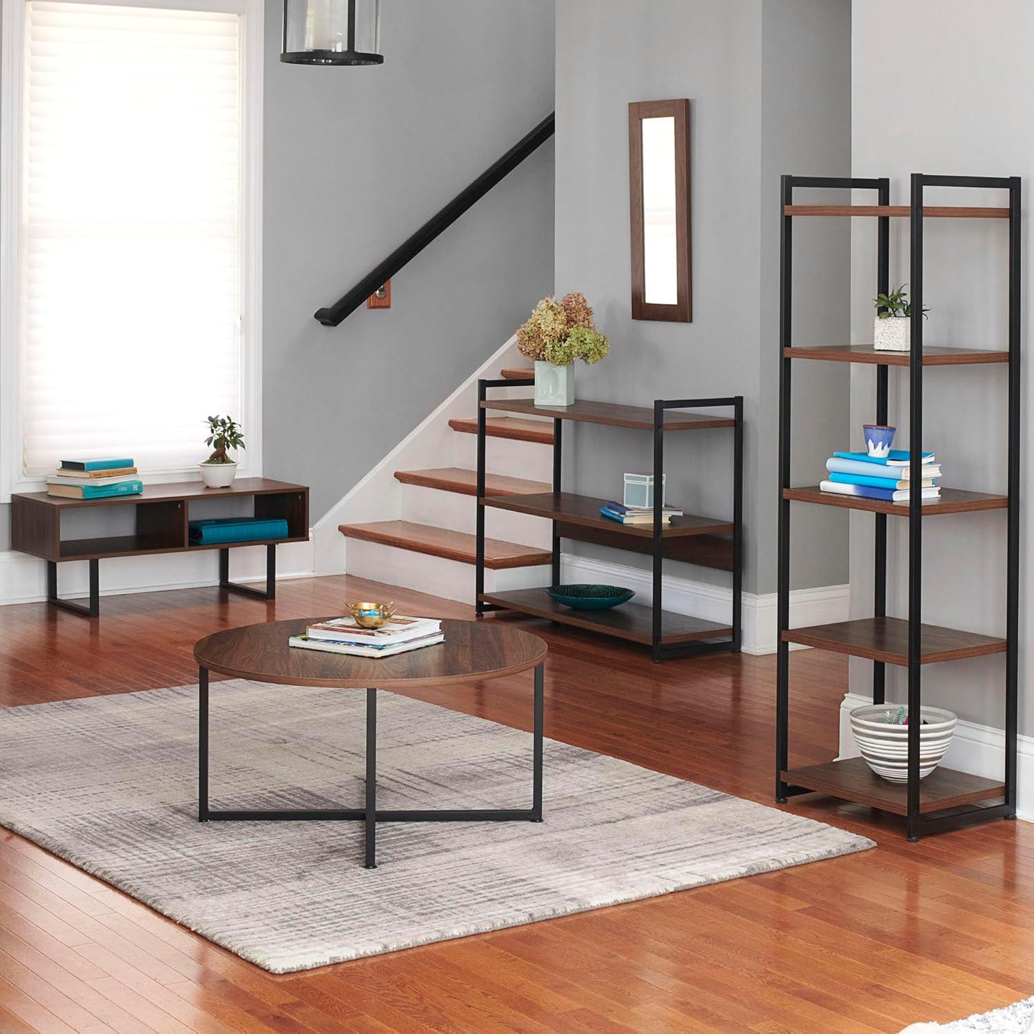 image:imageHousehold Essentials 5 Tier Storage Tower Metal Grey Shelf Black Frame AshwoodWalnut
