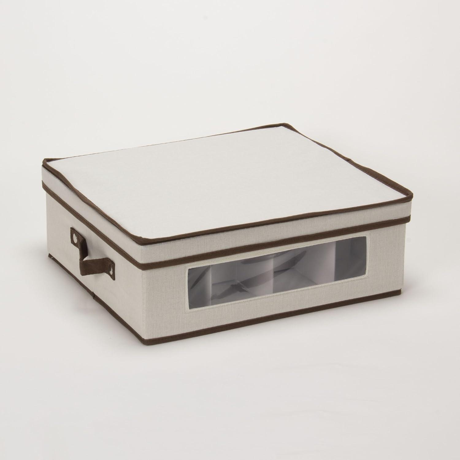 image:imageHousehold Essentials 538 Vision China Storage Box for Tea Cups and Mugs with Lid and Handles Natural Canvas with Brown TrimNatural