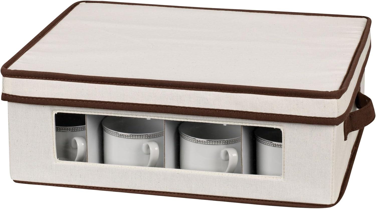 image:imageHousehold Essentials 538 Vision China Storage Box for Tea Cups and Mugs with Lid and Handles Natural Canvas with Brown TrimNatural