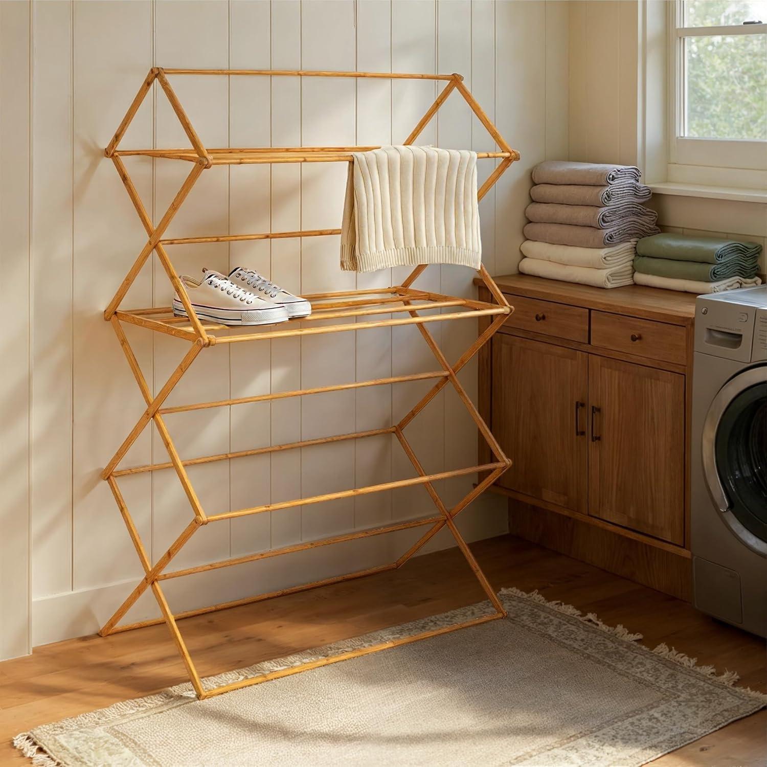 image:imageHousehold Essentials Bamboo Folding Clothes Drying Rack Large Capacity 14 Coated Metal Dowels 28 Feet of Drying Space EcoFriendly Collapsible Indoor Rack for Apartments Homes amp DormsNatural