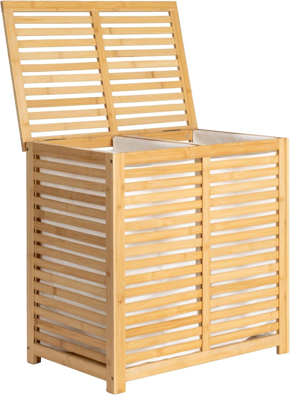 image:imageHousehold Essentials Bamboo Laundry Hamper Slated Hamper with Natural Cotton Bag Removable Bag and Foldable Frame Chic and Environmentally FriendlySorter