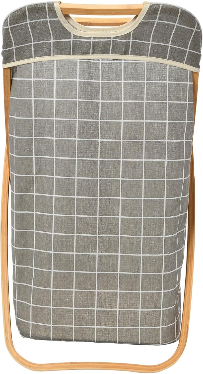 image:imageHousehold Essentials Bamboo X Frame Hamper with Grid Pattern GrayPlaid