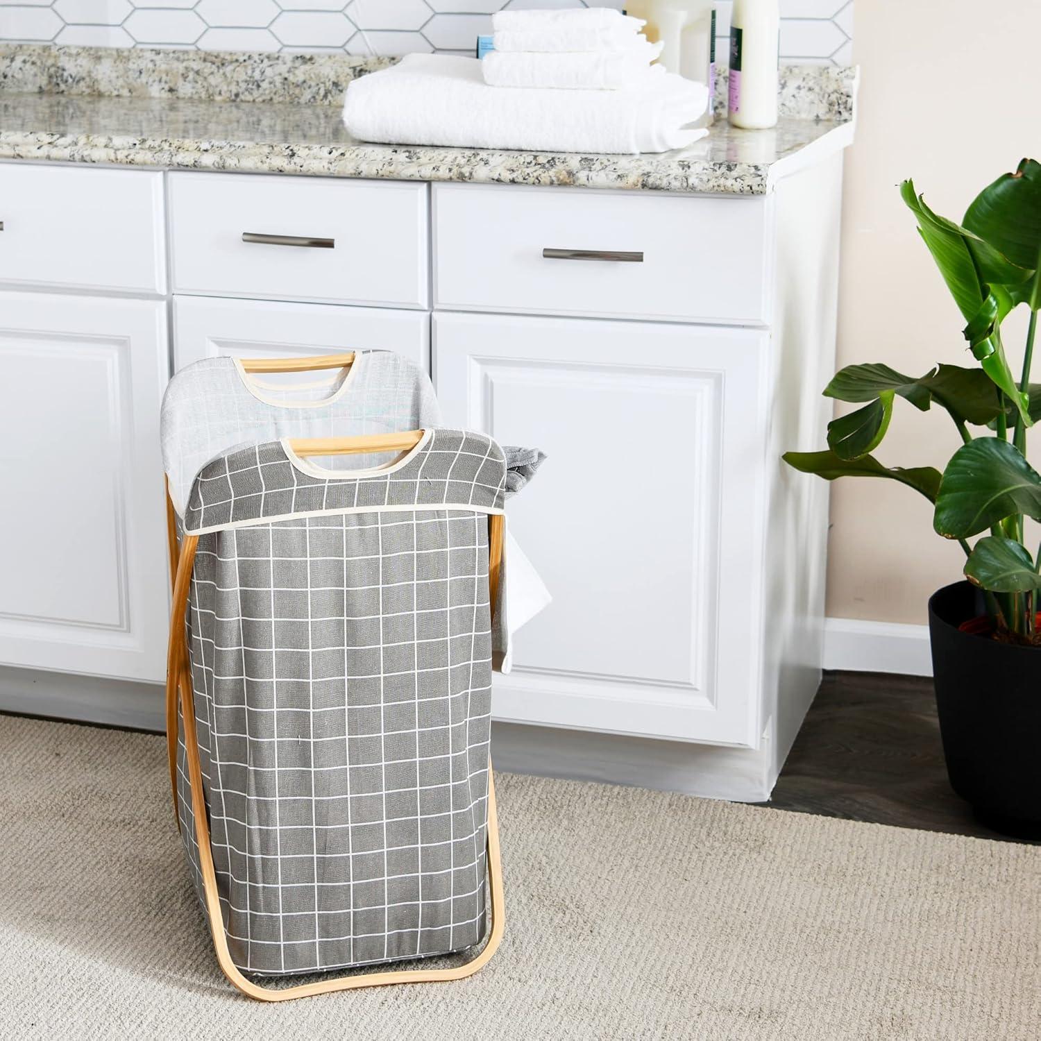 image:imageHousehold Essentials Bamboo X Frame Hamper with Grid Pattern GrayPlaid